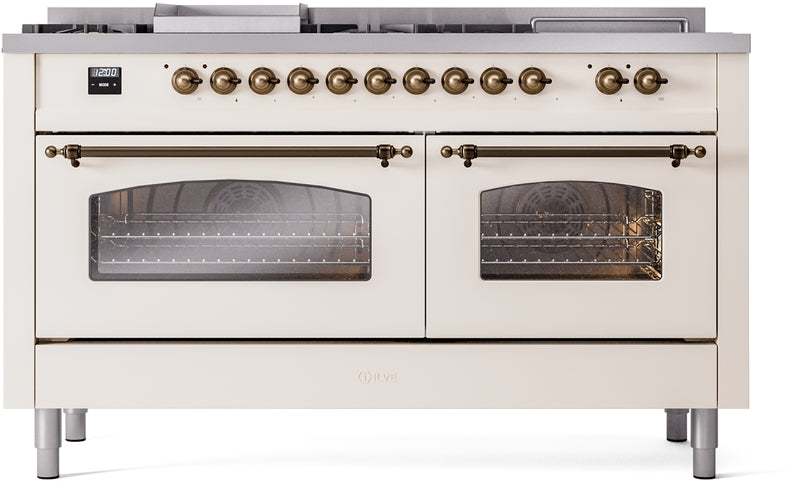 ILVE Nostalgie II 60" Dual Fuel Propane Gas Range in Antique White with Bronze Trim, UP60FSNMPAWBLP