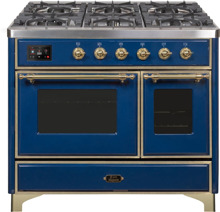 ILVE Majestic II 40" Dual Fuel Propane Gas Range in Blue with Brass Trim, UMD10FDNS3MBGLP