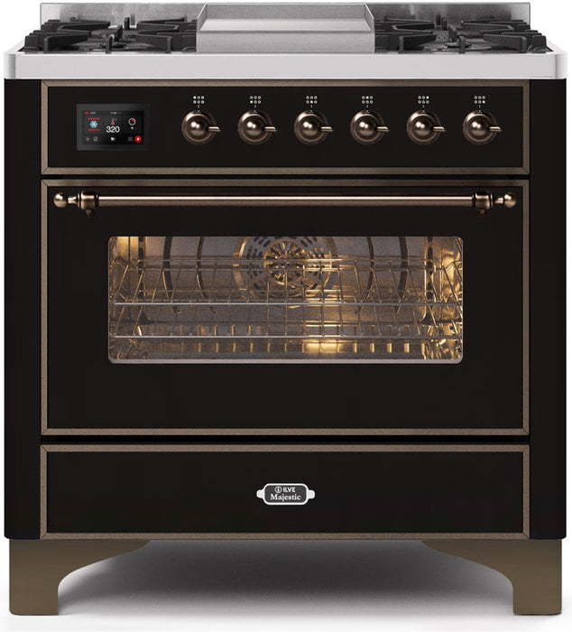 ILVE Majestic II 36" Dual Fuel Propane Gas Range in Glossy Black with Bronze Trim, UM09FDNS3BKBLP