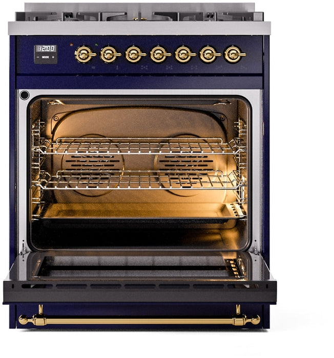 ILVE Nostalgie II 30" Dual Fuel Propane Gas Range in Blue with Brass Trim, UP30NMPMBGLP