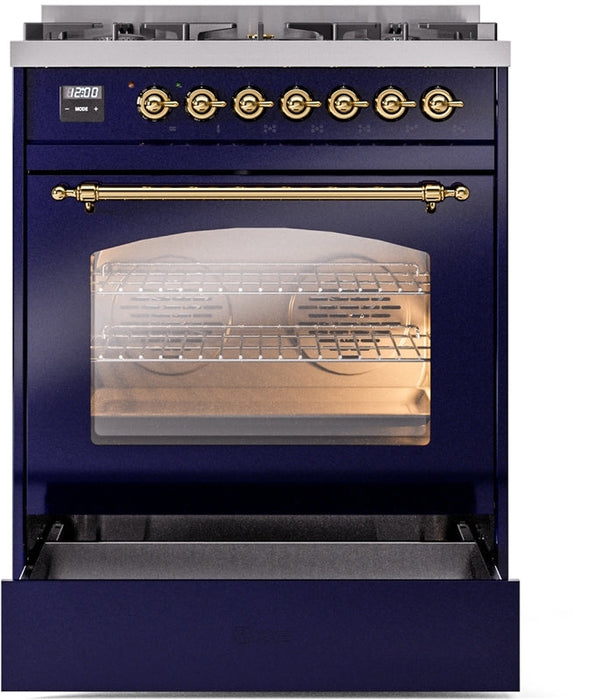 ILVE Nostalgie II 30" Dual Fuel Propane Gas Range in Blue with Brass Trim, UP30NMPMBGLP