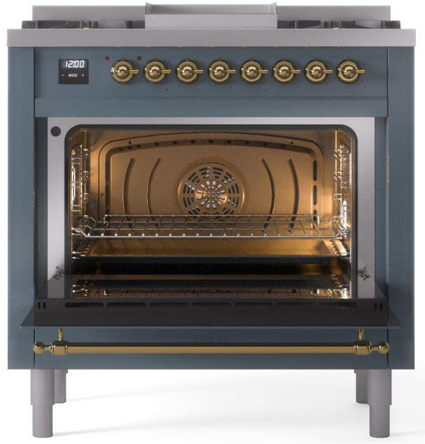 ILVE Nostalgie II 36" Dual Fuel Propane Gas Range in Blue Grey with Brass Trim, UP36FNMPBGGLP