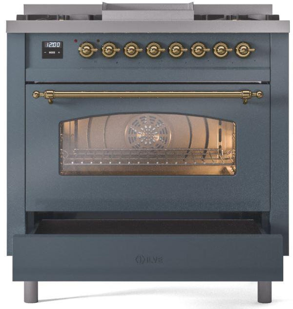 ILVE Nostalgie II 36" Dual Fuel Propane Gas Range in Blue Grey with Brass Trim, UP36FNMPBGGLP