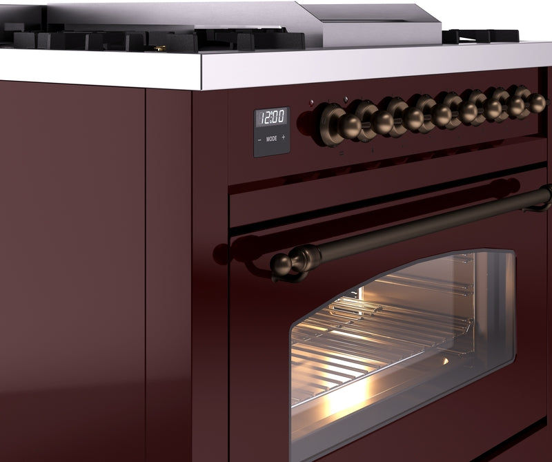 ILVE Nostalgie II 36" Dual Fuel Natural Gas Range in Burgundy with Bronze Trim, UP36FNMPBUB