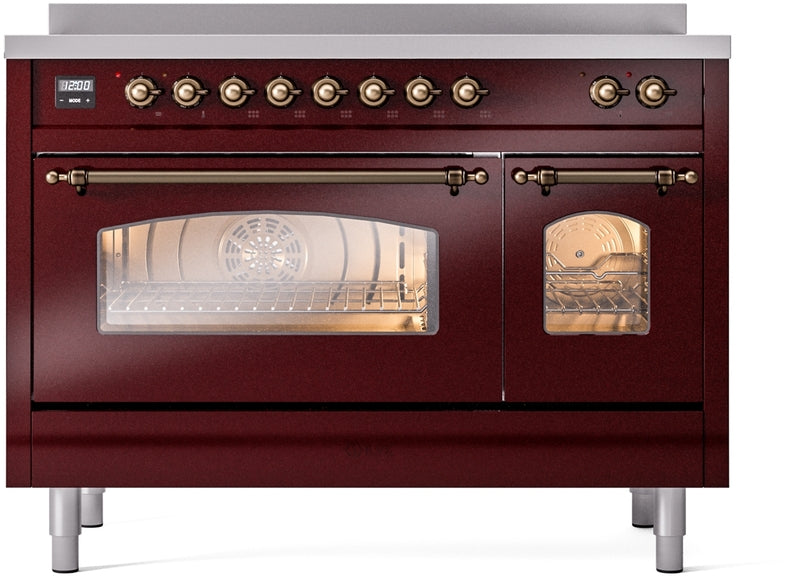 ILVE Nostalgie II 48" Induction Range with Element Stove and Electric Oven in Burgundy with Bronze Trim, UPI486NMPBUB