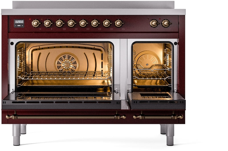 ILVE Nostalgie II 48" Induction Range with Element Stove and Electric Oven in Burgundy with Bronze Trim, UPI486NMPBUB