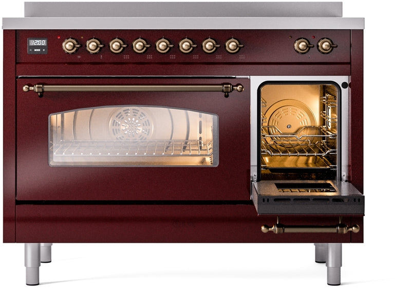 ILVE Nostalgie II 48" Induction Range with Element Stove and Electric Oven in Burgundy with Bronze Trim, UPI486NMPBUB