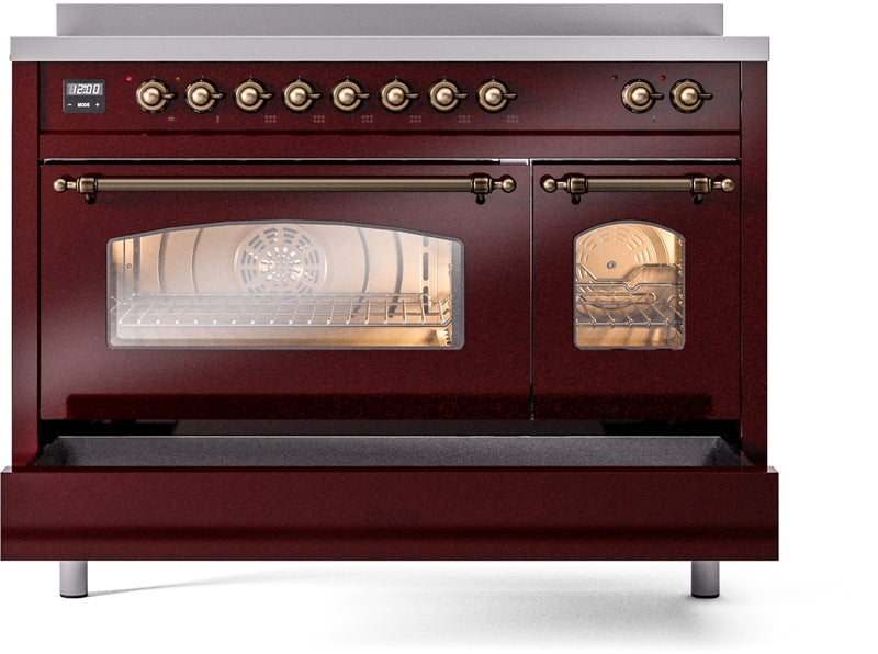 ILVE Nostalgie II 48" Induction Range with Element Stove and Electric Oven in Burgundy with Bronze Trim, UPI486NMPBUB