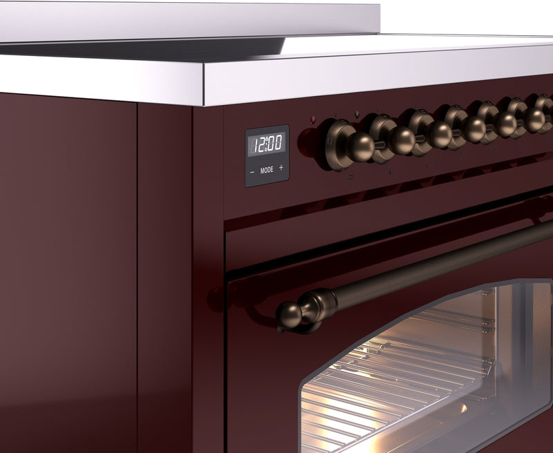 ILVE Nostalgie II 48" Induction Range with Element Stove and Electric Oven in Burgundy with Bronze Trim, UPI486NMPBUB