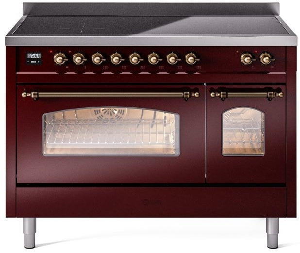 ILVE Nostalgie II 48" Induction Range with Element Stove and Electric Oven in Burgundy with Bronze Trim, UPI486NMPBUB