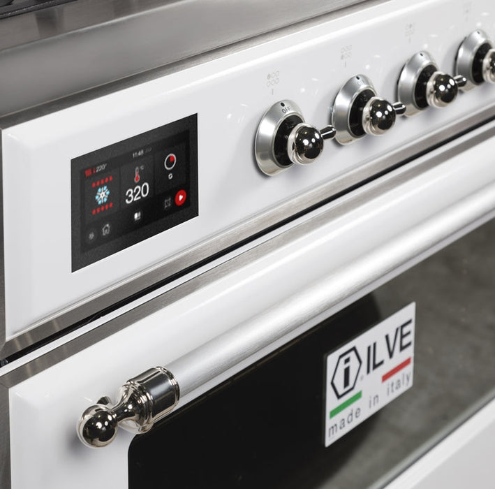 ILVE Majestic II 36" Dual Fuel Natural Gas Range in White with Chrome Trim, UM09FDNS3WHC