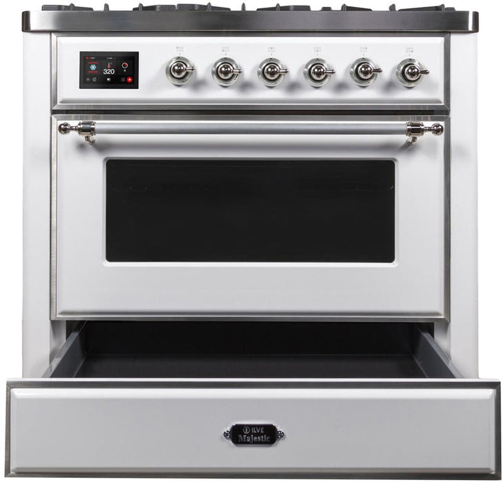 ILVE Majestic II 36" Dual Fuel Natural Gas Range in White with Chrome Trim, UM09FDNS3WHC