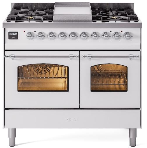 ILVE Nostalgie II 40" Dual Fuel Natural Gas Range in White with Chrome Trim, UPD40FNMPWHC