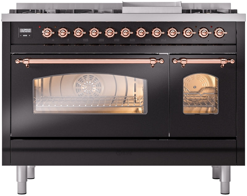 ILVE Nostalgie II 48" Dual Fuel Propane Gas Range in Black with Copper Trim, UP48FNMPBKPLP