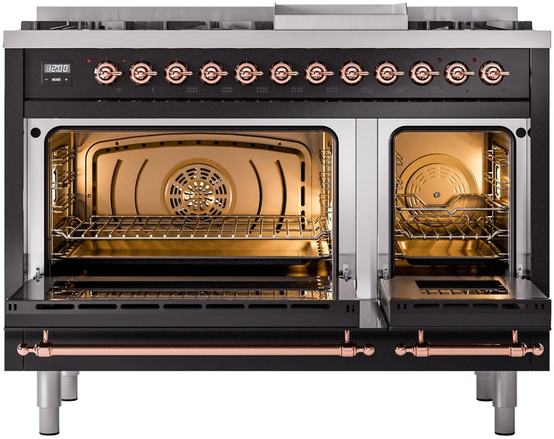 ILVE Nostalgie II 48" Dual Fuel Propane Gas Range in Black with Copper Trim, UP48FNMPBKPLP