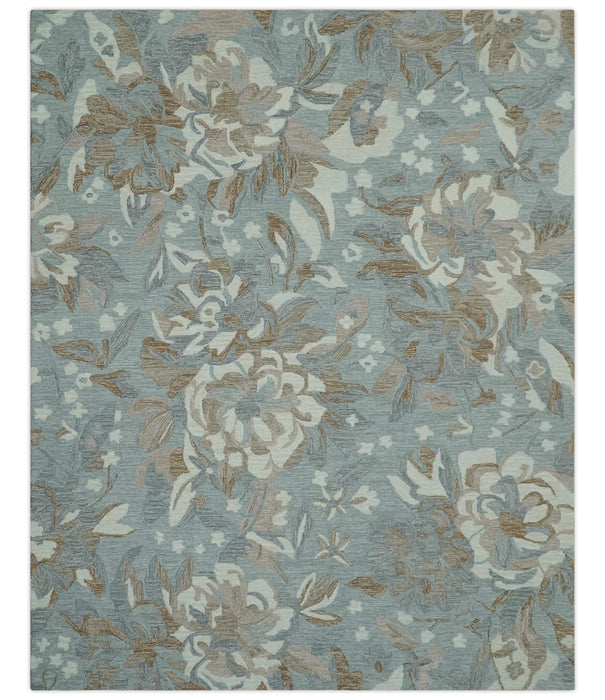 Beautiful Blue, Ivory and Olive Floral Design 8x10 Hand Tufted wool Rug