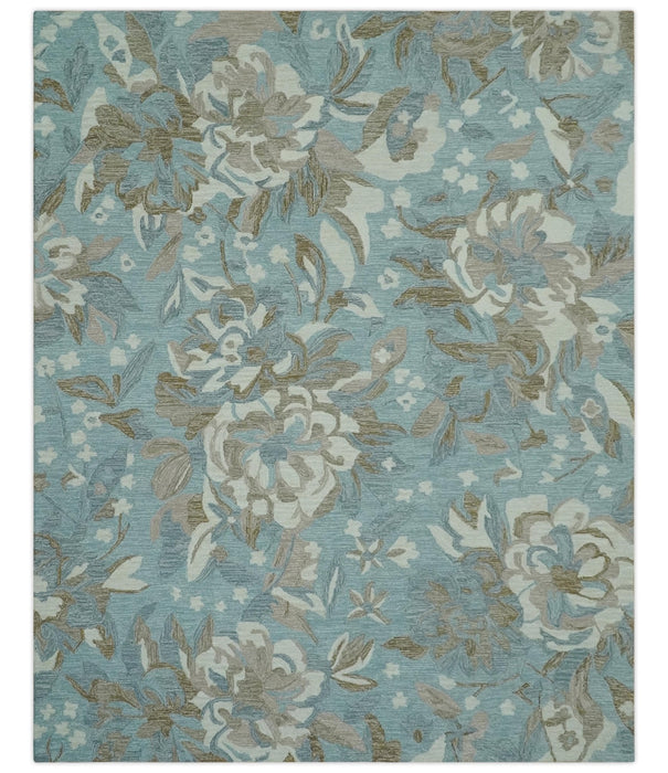 Beautiful Blue, Ivory and Olive Floral Design 8x10 Hand Tufted wool Rug