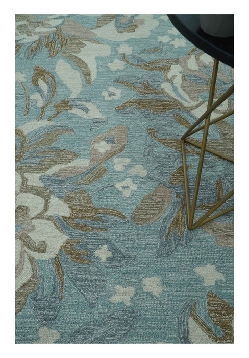 Beautiful Blue, Ivory and Olive Floral Design 8x10 Hand Tufted wool Rug