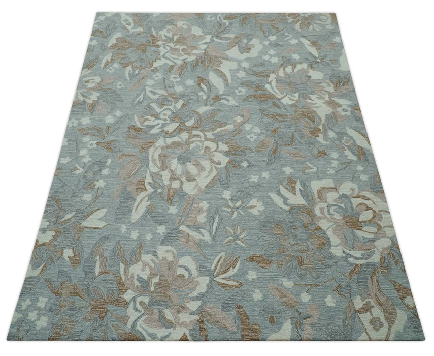 Beautiful Blue, Ivory and Olive Floral Design 8x10 Hand Tufted wool Rug