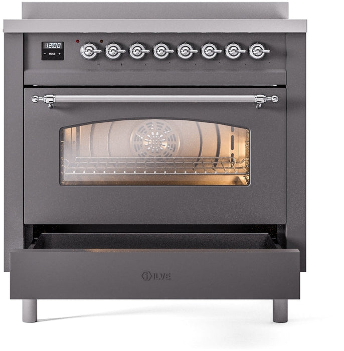 ILVE Nostalgie II 36" Induction Range with Element Stove and Electric Oven in Matte Graphite with Chrome Trim, UPI366NMPMGC