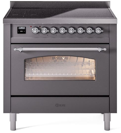 ILVE Nostalgie II 36" Induction Range with Element Stove and Electric Oven in Matte Graphite with Chrome Trim, UPI366NMPMGC