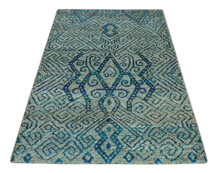 Beige and Blue 5x7.6 Large design Hand Knotted wool area rug
