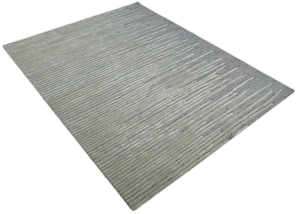 Beige and Blue Handmade 8x10 Wool and Silk Area Rug