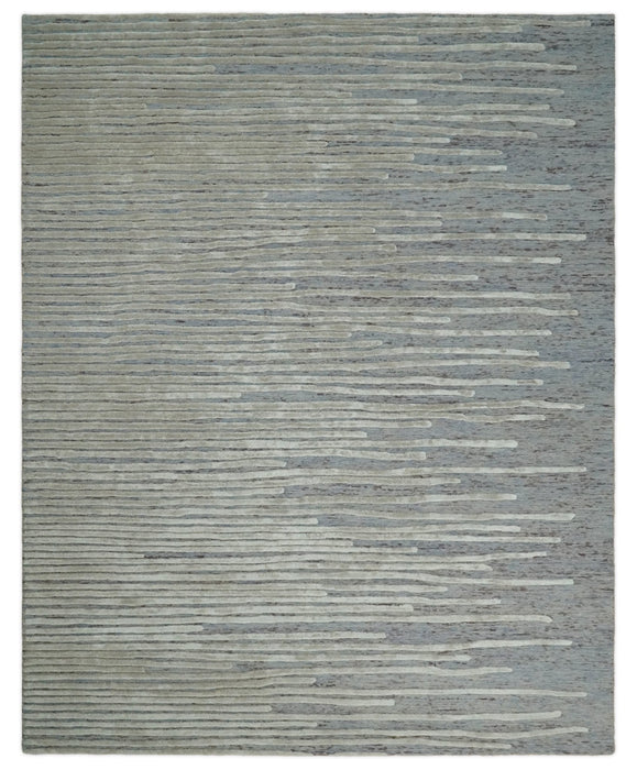 Modern Stripe Pattern Beige and Gray Hand Tufted Wool and Silk Area Rug