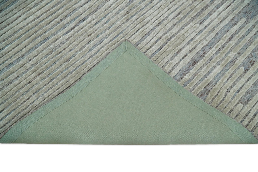 Beige and Blue Handmade 8x10 Wool and Silk Area Rug