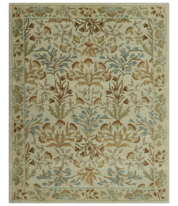 Beige And Brown Traditional Floral Design Hand Tufted 8x10 Wool Area Rug