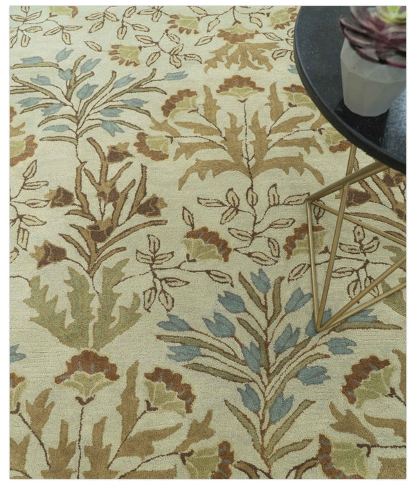 Beige And Brown Traditional Floral Design Hand Tufted 8x10 Wool Area Rug