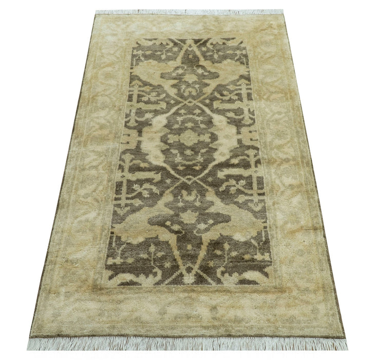 Beige And Brown Traditional Oushak Design Hand Knotted 3x5 wool area rug