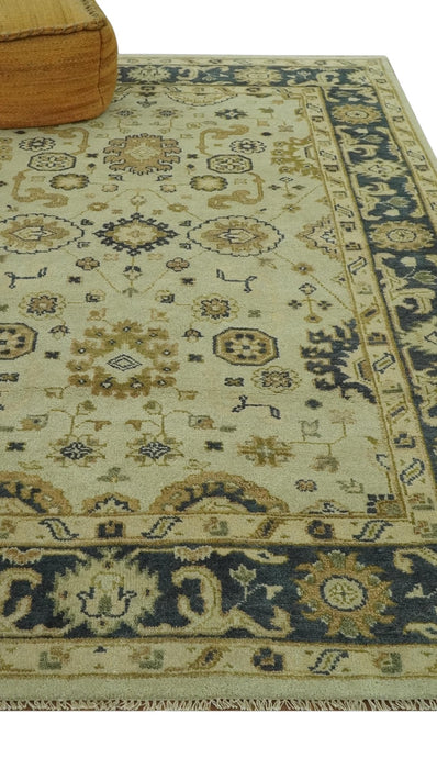 Beige and Charcoal 6x9 Hand Knotted Traditional Oriental Oushak wool area rug