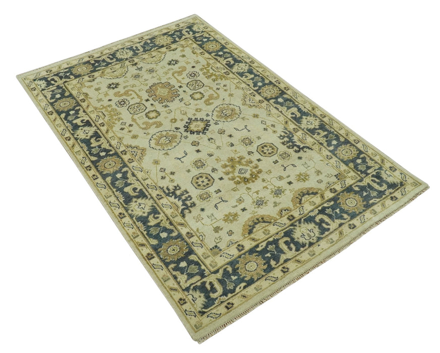 Beige and Charcoal 6x9 Hand Knotted Traditional Oriental Oushak wool area rug