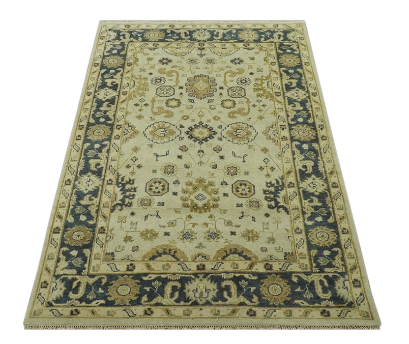 Beige and Charcoal 6x9 Hand Knotted Traditional Oriental Oushak wool area rug
