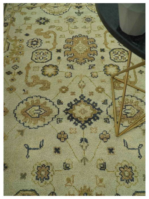 Beige and Charcoal 6x9 Hand Knotted Traditional Oriental Oushak wool area rug