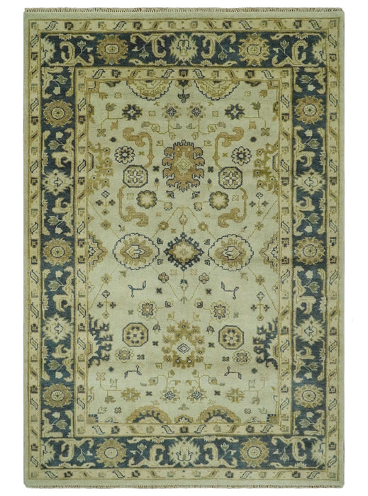 Beige and Charcoal 6x9 Hand Knotted Traditional Oriental Oushak wool area rug
