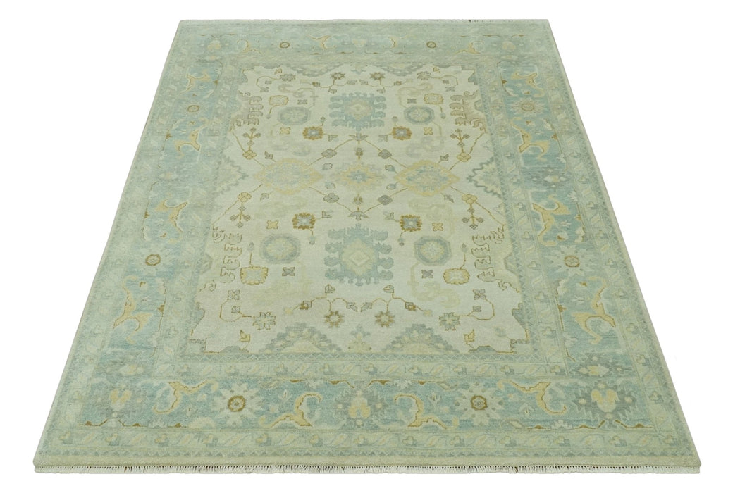 Beige and Gray 8x10 Hand Knotted Traditional Oriental Oushak wool area rug