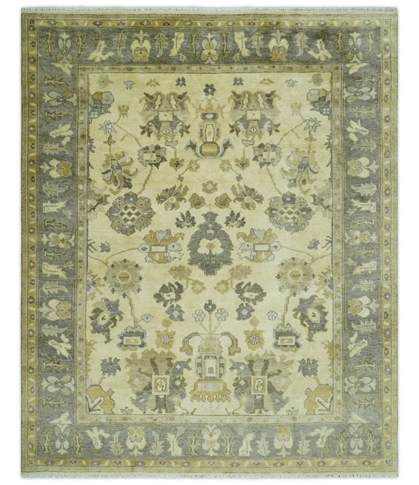Beige and Gray 8x10 Hand Knotted Traditional Oriental Oushak Wool area rug
