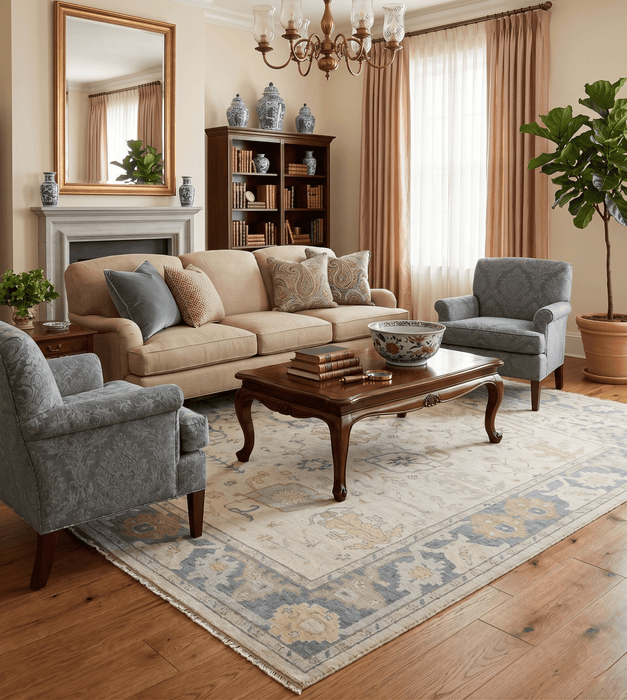 Beige and Gray Hand Knotted Traditional Persian Oushak Wool Rug