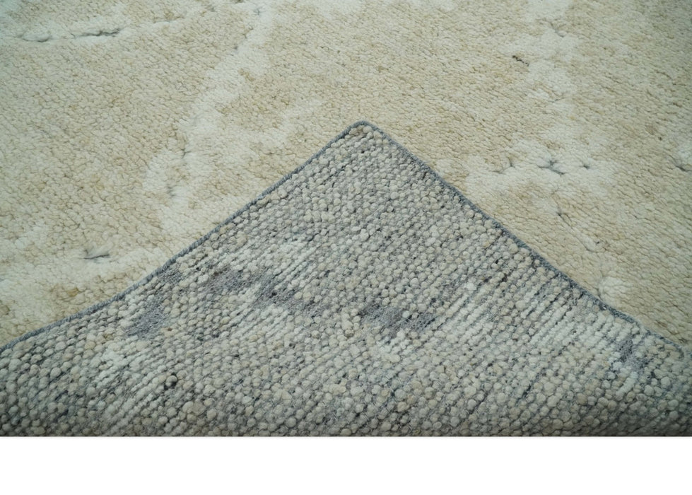 Beige and Ivory Traditional Hand Knotted 8x10 Geometrical Pattern Wool Area Rug