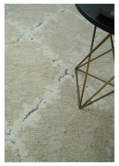 Beige and Ivory Traditional Hand Knotted 8x10 Geometrical Pattern Wool Area Rug
