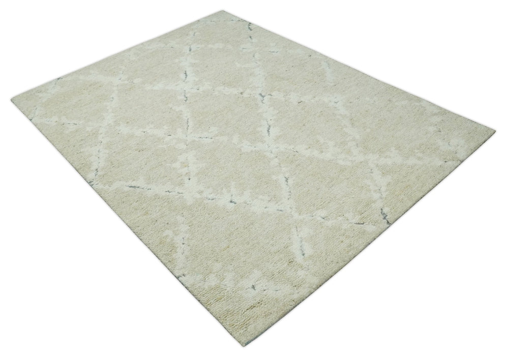 Beige and Ivory Traditional Hand Knotted 8x10 Geometrical Pattern Wool Area Rug