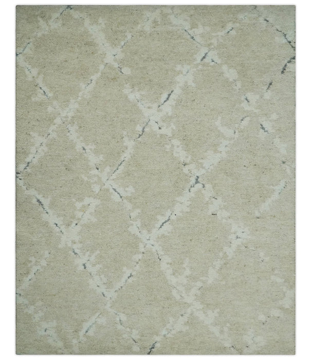 Beige and Ivory Traditional Hand Knotted 8x10 Geometrical Pattern Wool Area Rug