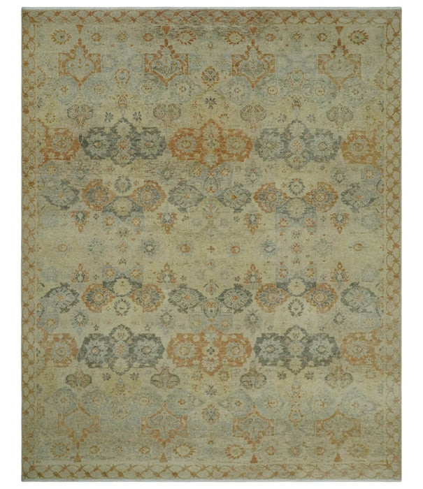 Beige and Rust 8x10 Textured Low Pile Hand Knotted Traditional Wool Area Rug