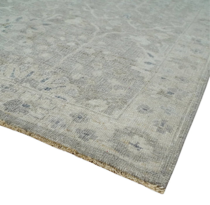 Beige and Silver Custom Made Antique Style Distressed Finished Low Pile wool Area Rug