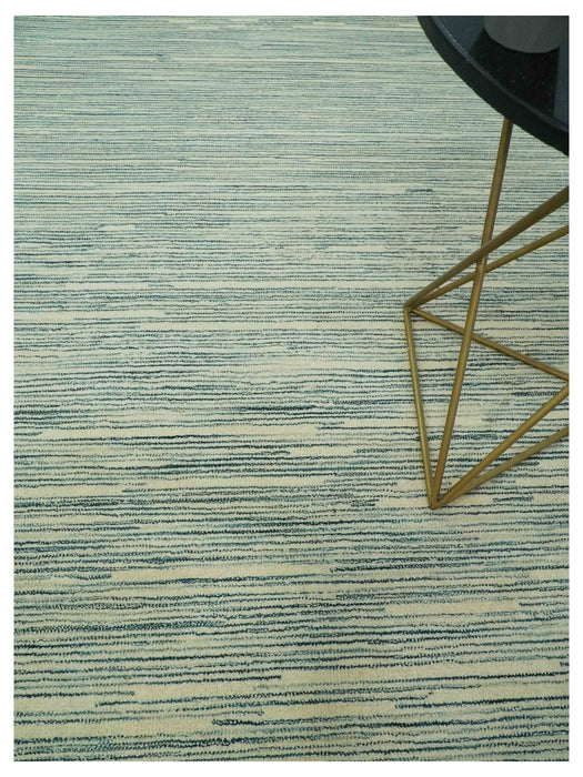 Beige and Teal 8x10 Modern stripes Design Hand Tufted wool area rug