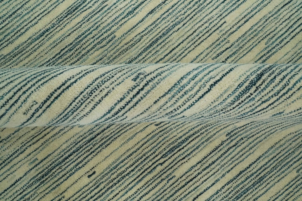 Beige and Teal 8x10 Modern stripes Design Hand Tufted wool area rug