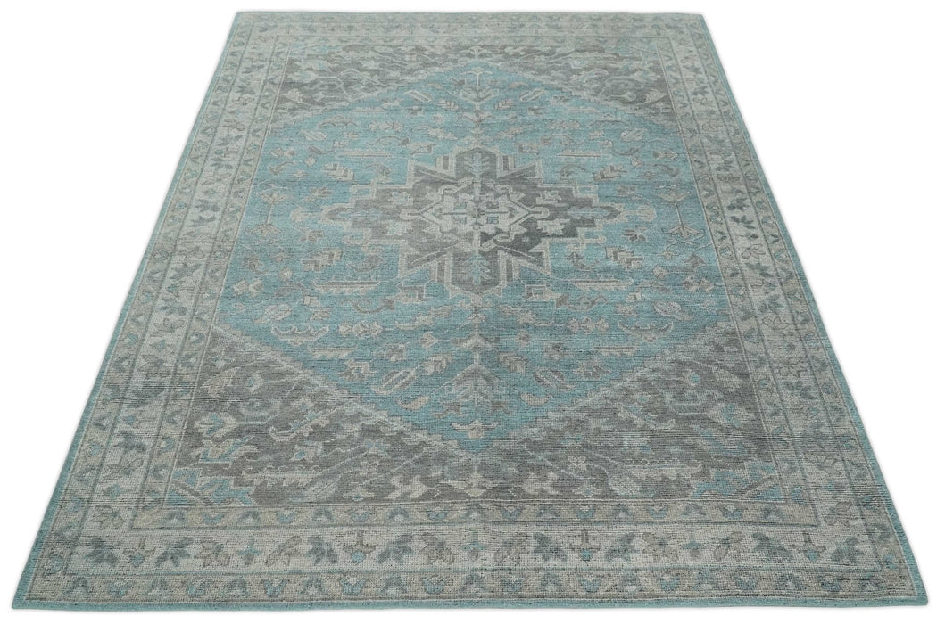 Blue and Gray Antique Finish Distressed Hand Knotted Traditional wool Area Rug