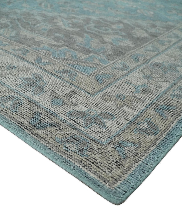 Beige, Blue and Gray Antique Finish Distressed Hand Knotted Heriz Serapi Traditional Multi Size wool Area Rug